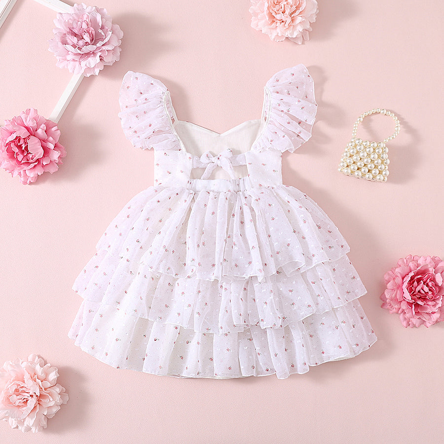 Floral Girls Party Dress - White