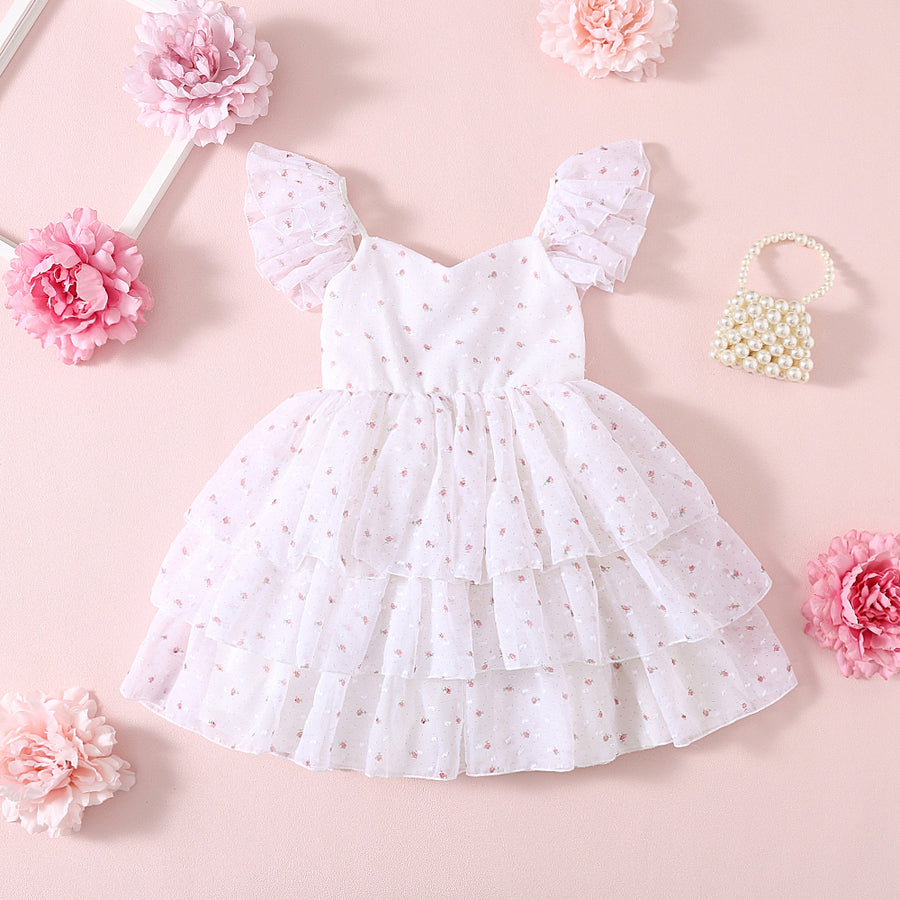 Floral Girls Party Dress - White