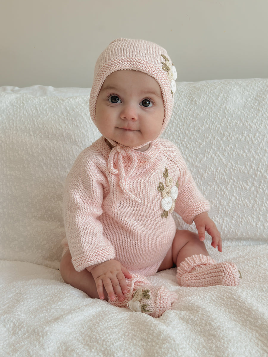 Handmade Knit Floral Head Bonnet & Foot Booties