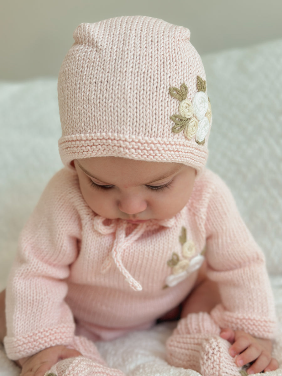 Handmade Knit Floral Head Bonnet & Foot Booties