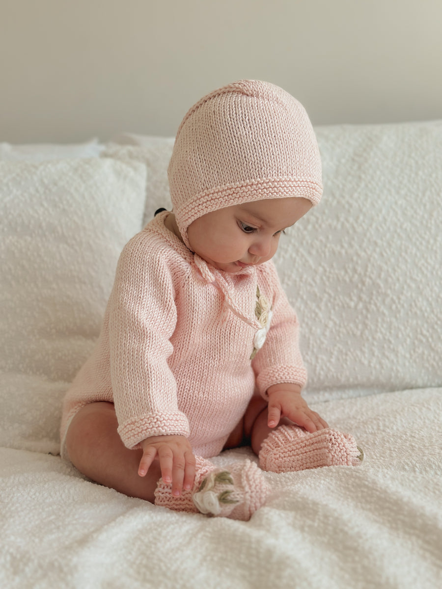 Handmade Knit Floral Head Bonnet & Foot Booties