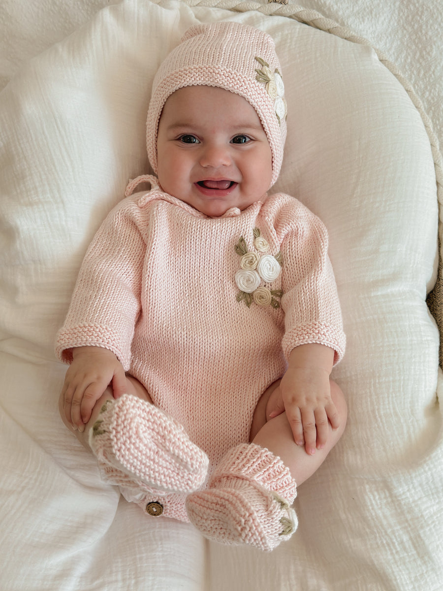 Handmade Knit Floral Head Bonnet & Foot Booties