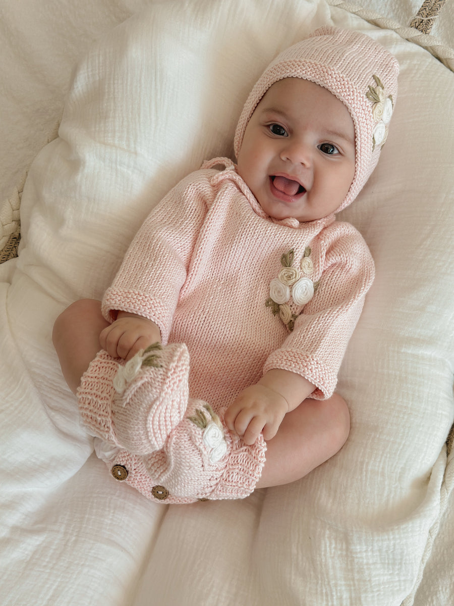 Handmade Knit Floral Head Bonnet & Foot Booties