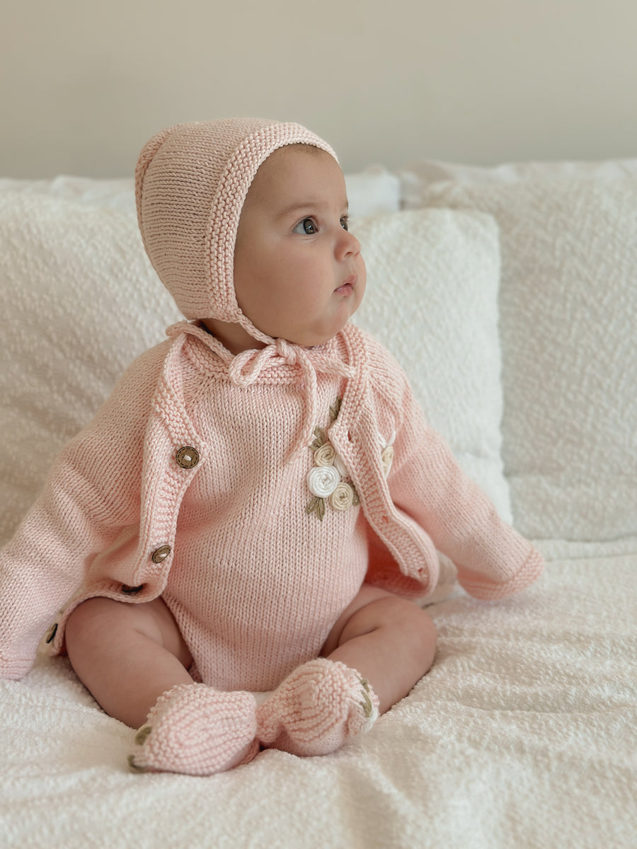 Handmade Knit Floral Head Bonnet & Foot Booties