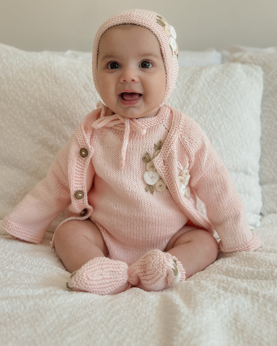 Handmade Knit Floral Head Bonnet & Foot Booties