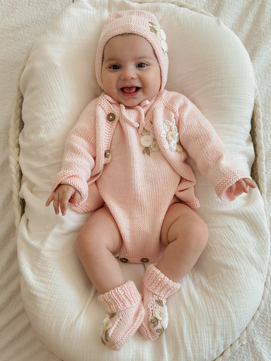 Handmade Knit Floral Head Bonnet & Foot Booties